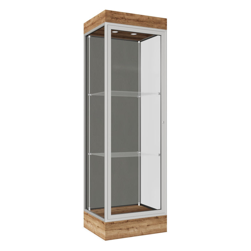 Ghent Edge Floor Display Case Lighted 6"H Laminate Base Finish, Aluminum Frame - 76"H x 24"W x 20"D (91LFXX) - SchoolOutlet