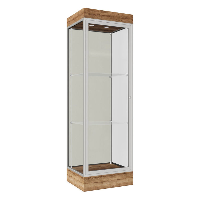 Ghent Edge Floor Display Case Lighted 6"H Laminate Base Finish, Aluminum Frame - 76"H x 24"W x 20"D (91LFXX) - SchoolOutlet