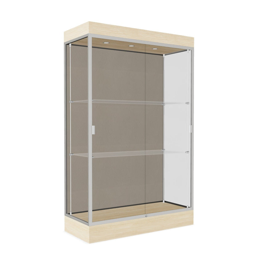 Ghent Edge Floor Display Case Lighted 6"H Laminate Base Finish, Aluminum Frame - 76"H x 48"W x 20"D (92LFXX) - SchoolOutlet