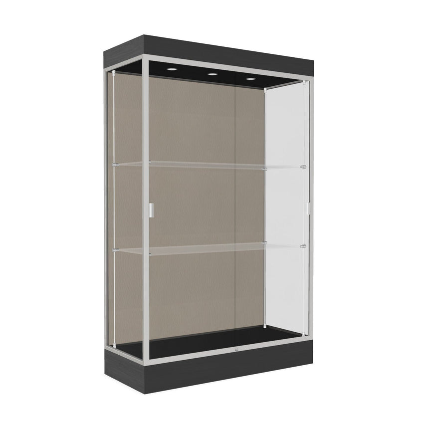 Ghent Edge Floor Display Case Lighted 6"H Laminate Base Finish, Aluminum Frame - 76"H x 48"W x 20"D (92LFXX) - SchoolOutlet