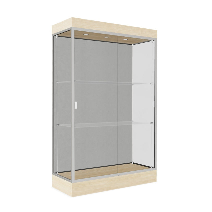 Ghent Edge Floor Display Case Lighted 6"H Laminate Base Finish, Aluminum Frame - 76"H x 48"W x 20"D (92LFXX) - SchoolOutlet