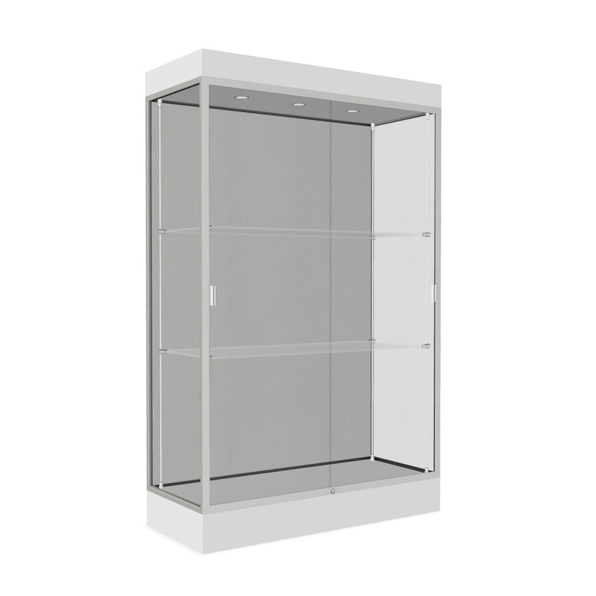 Ghent Edge Floor Display Case Lighted 6"H Laminate Base Finish, Aluminum Frame - 76"H x 48"W x 20"D (92LFXX) - SchoolOutlet