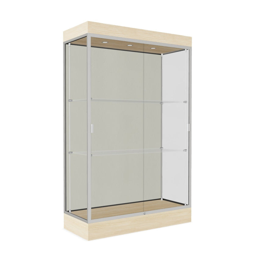 Ghent Edge Floor Display Case Lighted 6"H Laminate Base Finish, Aluminum Frame - 76"H x 48"W x 20"D (92LFXX) - SchoolOutlet
