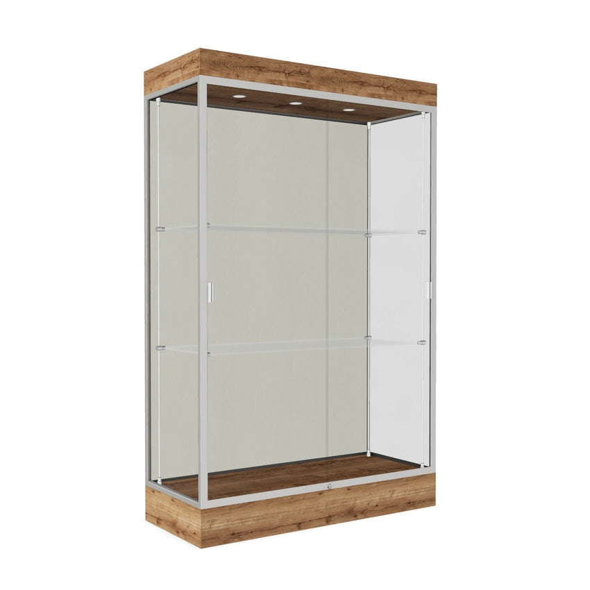 Ghent Edge Floor Display Case Lighted 6"H Laminate Base Finish, Aluminum Frame - 76"H x 48"W x 20"D (92LFXX) - SchoolOutlet