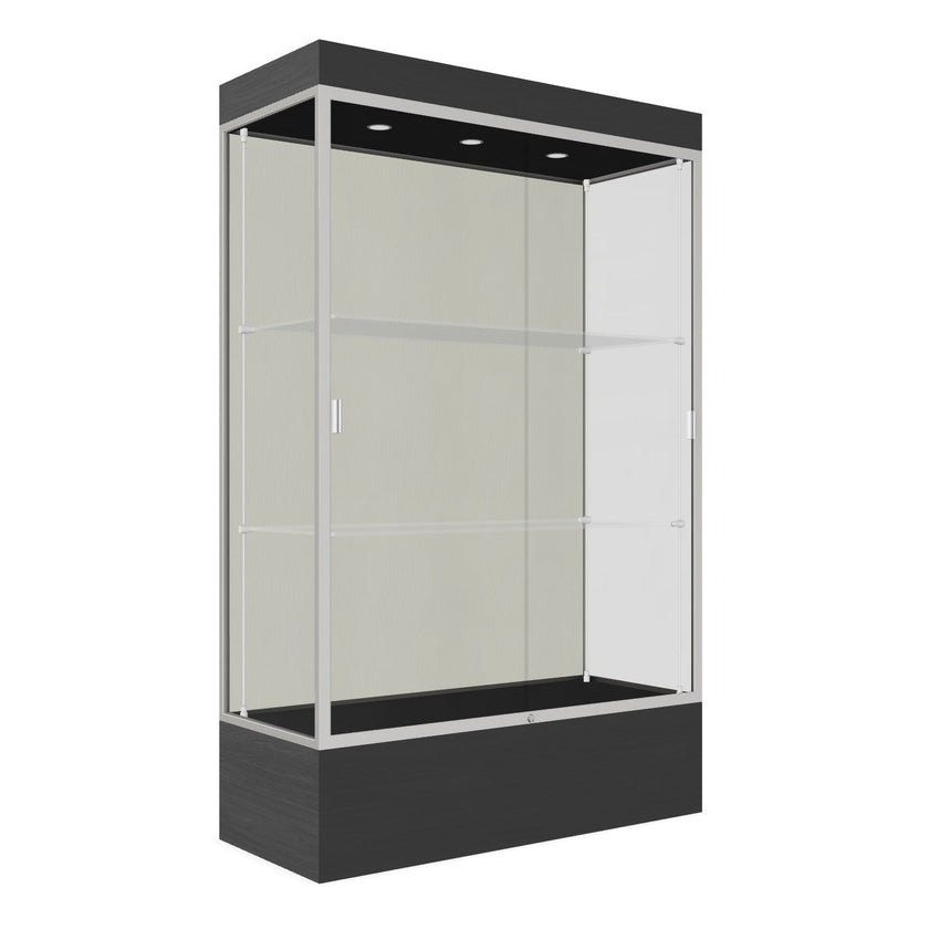 Ghent Edge Floor Display Case Lighted 12"H Laminate Base Finish, Aluminum Frame - 76"H x 48"W x 20"D (94LFXX) - SchoolOutlet