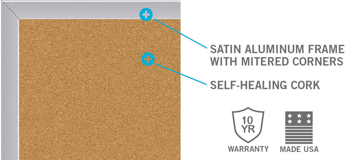 Ghent Natural Cork Bulletin Board, Satin Aluminum Frame, 3'H x 5'W (GHE - AK35) - SchoolOutlet