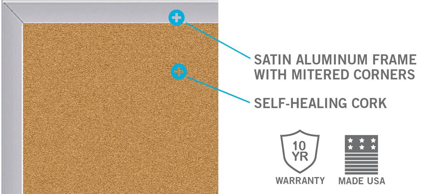 Ghent Natural Cork Bulletin Board, Satin Aluminum Frame, 3'H x 5'W (GHE - AK35) - SchoolOutlet