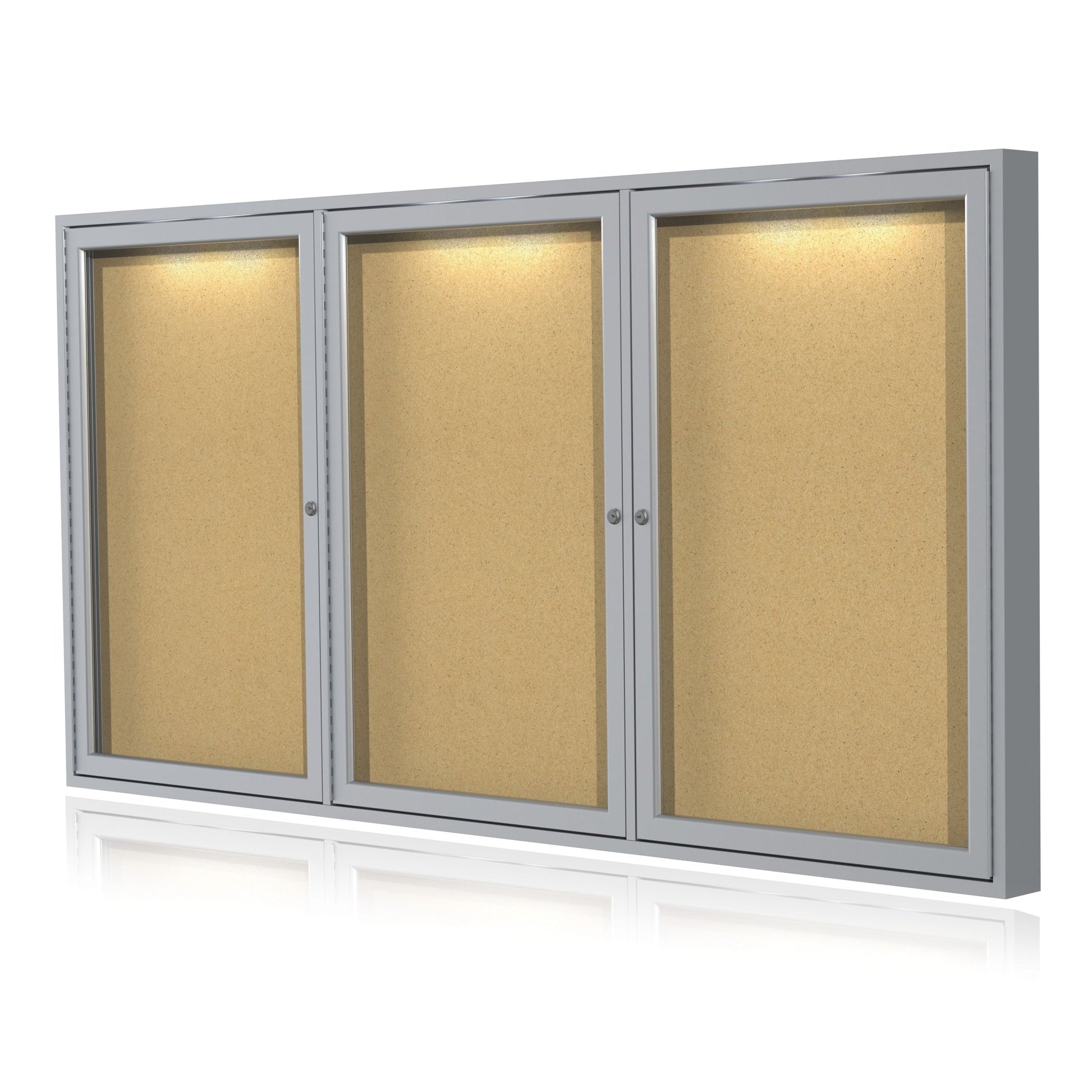 Ghent 3 Door Enclosed Natural Cork Bulletin Board, Concealed Lighting, 3'H x 6'W (GHE - CPA33672K) - SchoolOutlet