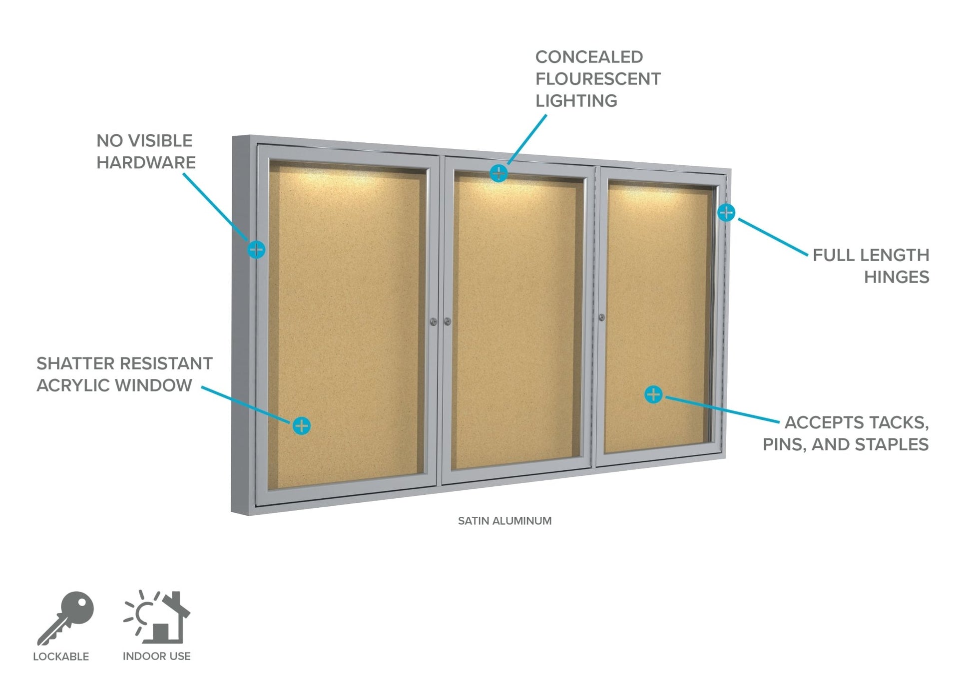 Ghent 3 Door Enclosed Natural Cork Bulletin Board, Concealed Lighting, 3'H x 6'W (GHE - CPA33672K) - SchoolOutlet