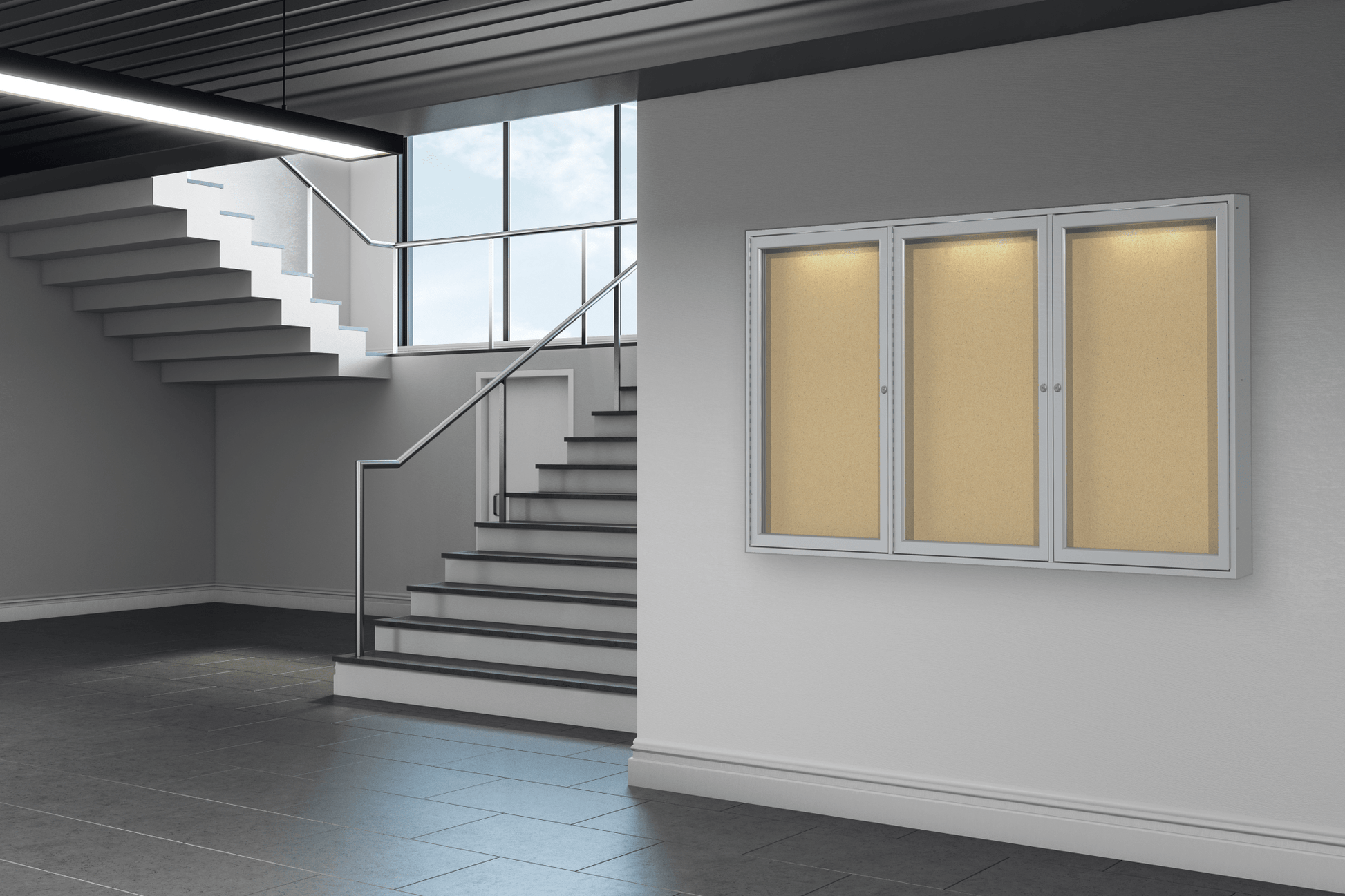 Ghent 3 Door Enclosed Natural Cork Bulletin Board, Concealed Lighting, 3'H x 6'W (GHE - CPA33672K) - SchoolOutlet