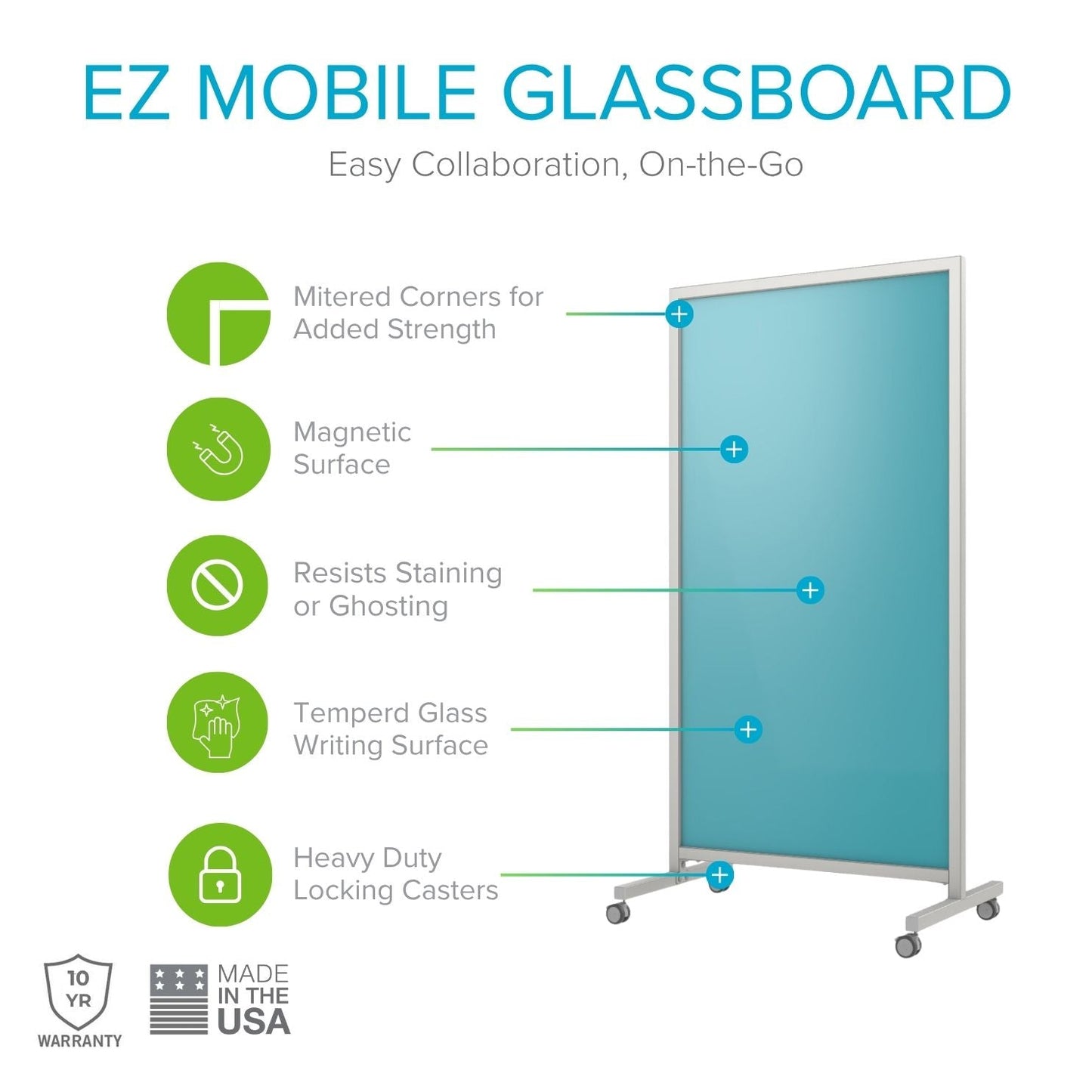 Ghent EZ Mobile Glassboard, Aluminum Frame, Magnetic, 75"H x 38"W (GHE - EZ1MA7538XX) - SchoolOutlet