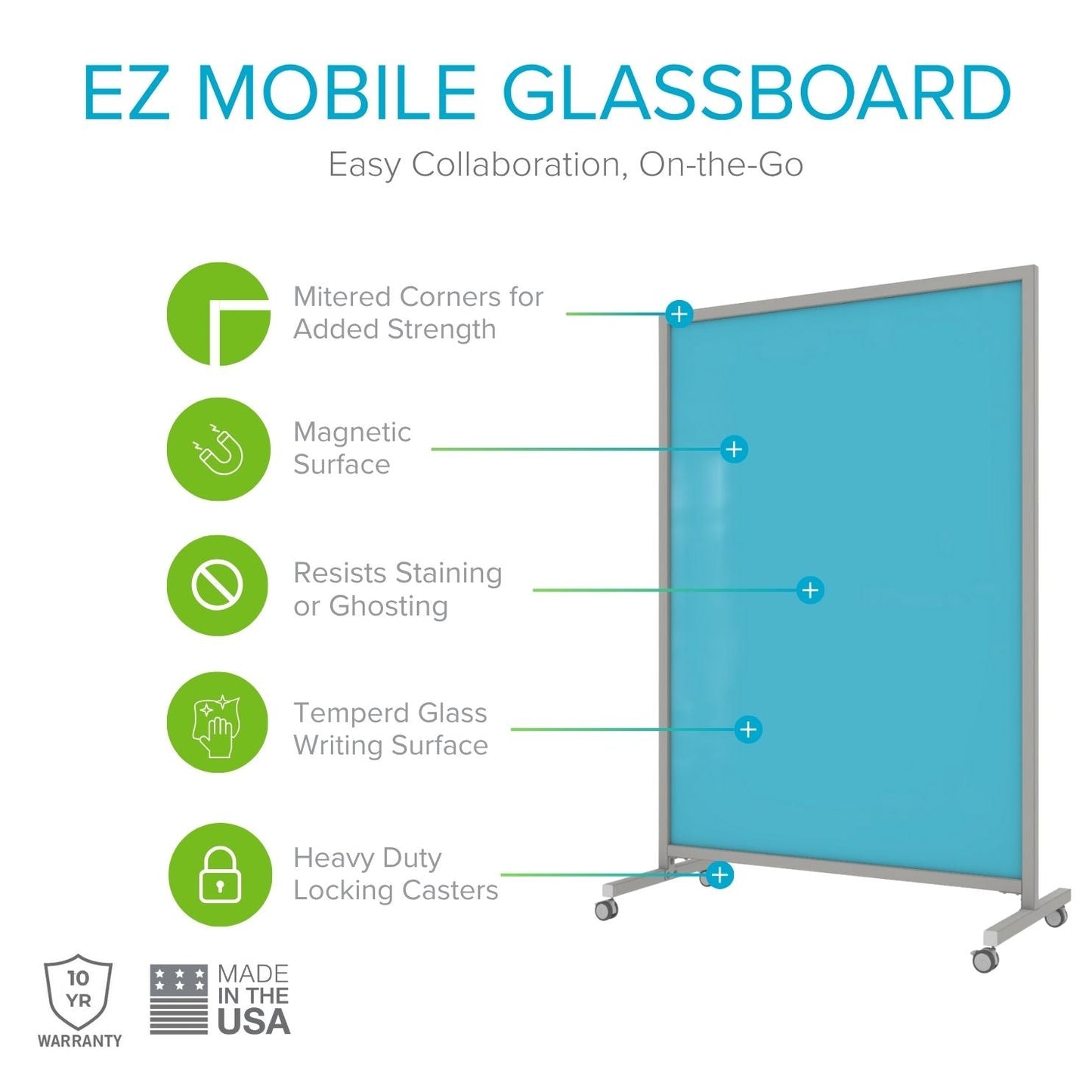 Ghent EZ Mobile Glassboard, Aluminum Frame, Magnetic, 75"H x 62"W (GHE - EZ1MA7562XX) - SchoolOutlet