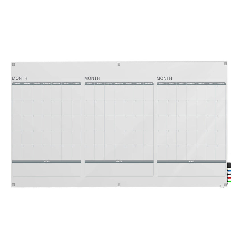 Ghent Calendar Harmony Glassboard w/ Standoffs, Round Corners, 3 Month Calendar, Magnetic, 4'H x 8'W (GHE - GRPHMYRM33M - 48) - SchoolOutlet