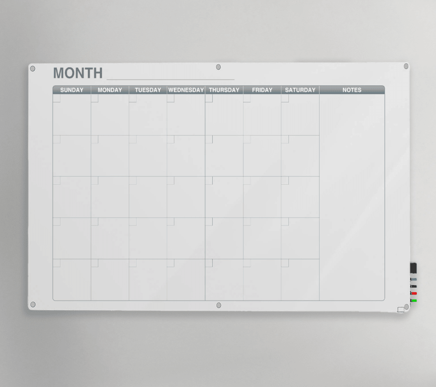Ghent Calendar Harmony Glassboard w/ Standoffs, Round Corners, 1 Month Calendar, Non-Magnetic, 3'H x 4'W (GHE-GRPHMYRN31M-34) - SchoolOutlet