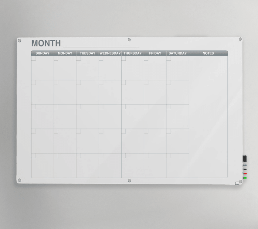 Ghent Calendar Harmony Glassboard w/ Standoffs, Round Corners, 1 Month Calendar, Non-Magnetic, 4'H x 6'W (GHE-GRPHMYRN31M-46) - SchoolOutlet