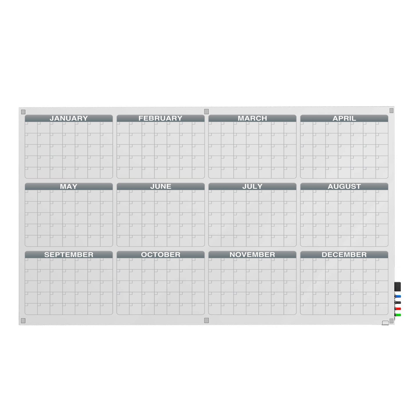 Ghent Calendar Harmony Glassboard w/ Standoffs, Square Corners, 1 Year Calendar, Magnetic, 4'H x 6'W (GHE - GRPHMYSM31Y - 46) - SchoolOutlet