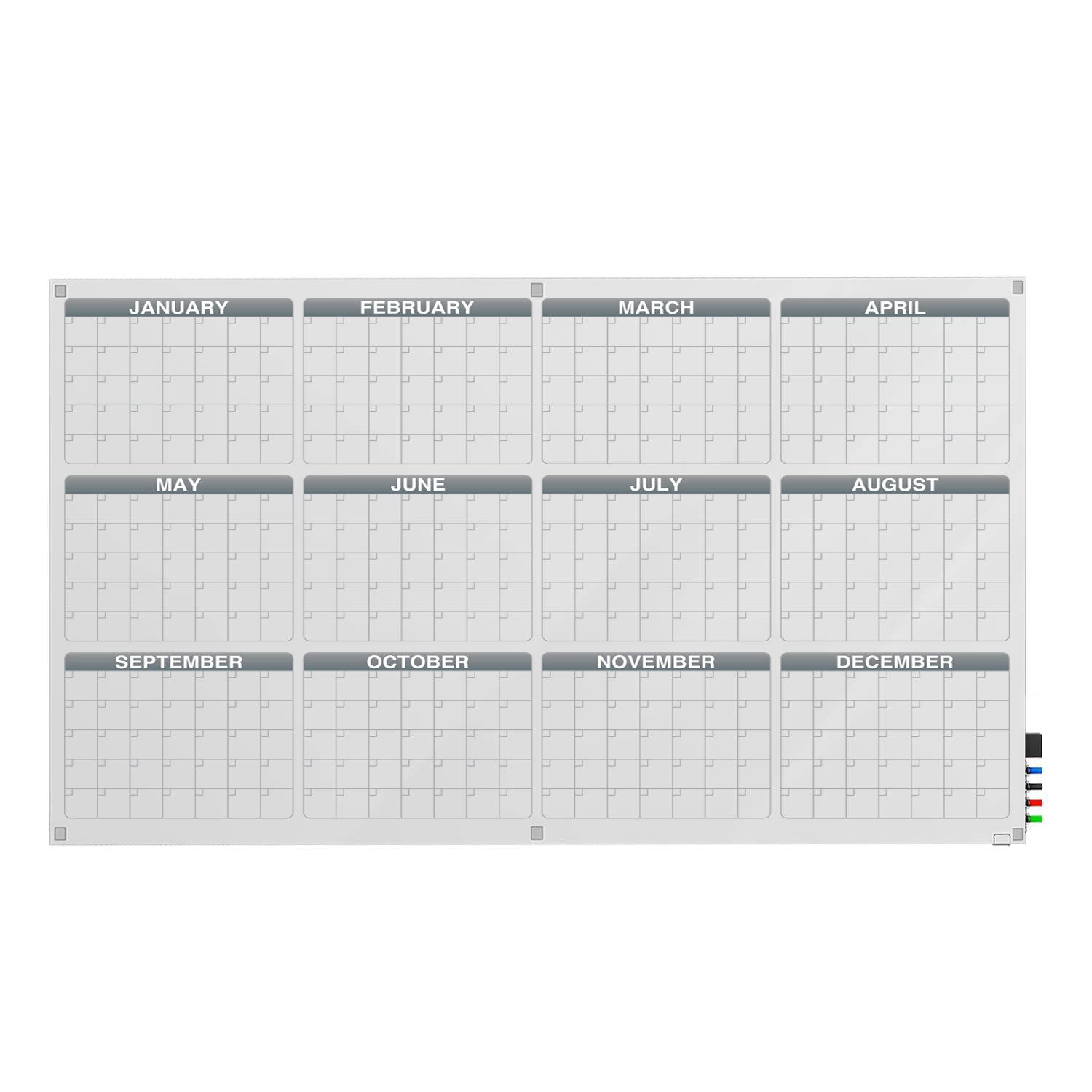 Ghent Calendar Harmony Glassboard w/ Standoffs, Square Corners, 1 Year Calendar, Magnetic, 4'H x 6'W (GHE - GRPHMYSM31Y - 46) - SchoolOutlet