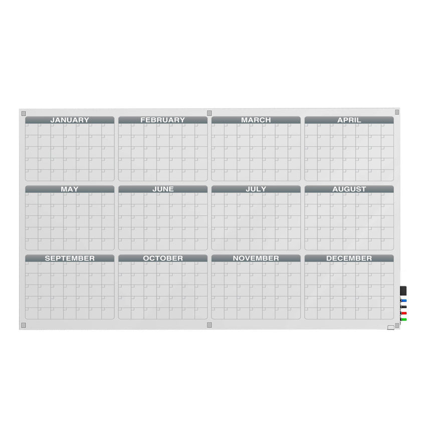 Ghent Calendar Harmony Glassboard w/ Standoffs, Square Corners, 1 Year Calendar, Magnetic, 4'H x 6'W (GHE - GRPHMYSM31Y - 46) - SchoolOutlet