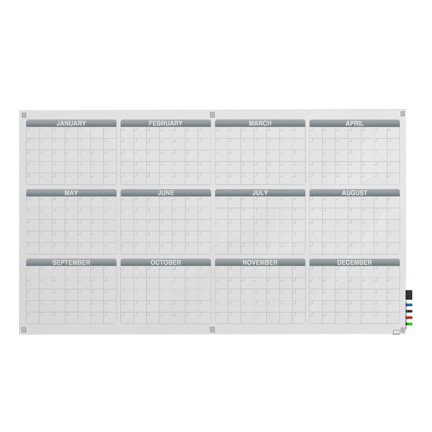 Ghent Calendar Harmony Glassboard w/ Standoffs, Square Corners, 1 Year Calendar, Magnetic, 4'H x 8'W (GHE - GRPHMYSM31Y - 48) - SchoolOutlet