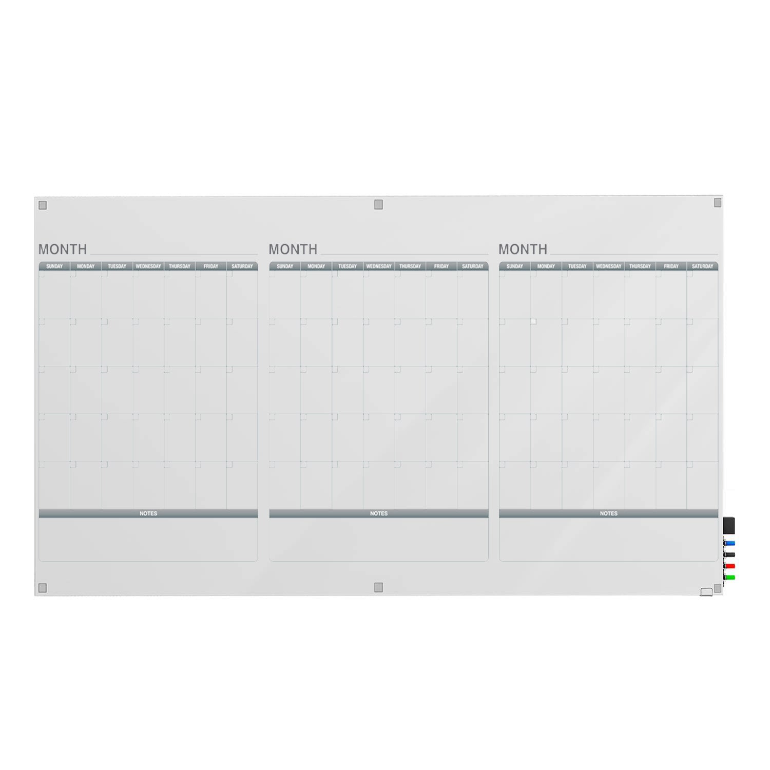 Ghent Calendar Harmony Glassboard w/ Standoffs, Square Corners, 3 Month Calendar, Magnetic, 4'H x 8'W (GHE - GRPHMYSM33M - 48) - SchoolOutlet