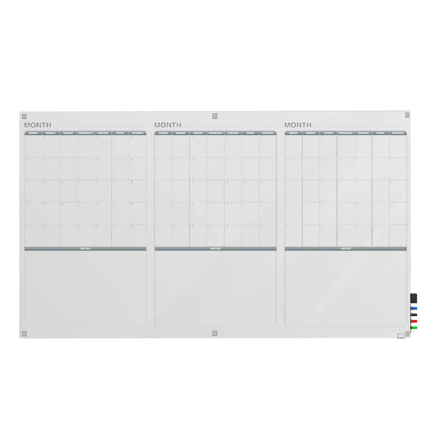 Ghent Calendar Harmony Glassboard w/ Standoffs, Square Corners, 3 Month Calendar, Non - Magnetic, 4'H x 6'W (GHE - GRPHMYSN33M - 46) - SchoolOutlet