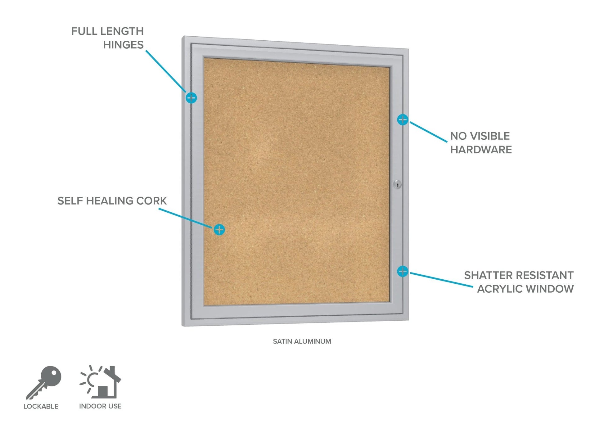 Ghent 1 Door Enclosed Natural Cork Bulletin Board, Satin Aluminum Frame, 3'H x 2'W (GHE - PA13624K) - SchoolOutlet