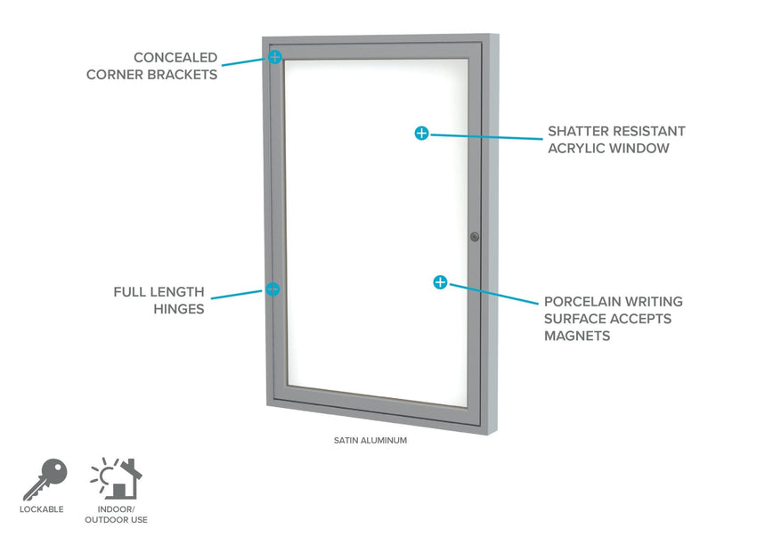 Ghent 1 Door Enclosed Porcelain Whiteboard, Magnetic, Satin Aluminum Frame, 3'H x 2'W (GHE - PA13624M - M1) - SchoolOutlet
