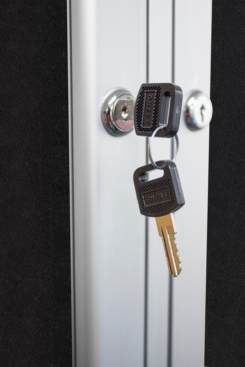 Ghent 1 Door Enclosed Recycled Rubber Bulletin Board, Satin Aluminum Frame, 3'H x 2'W (GHE - PA13624TR - XX) - SchoolOutlet