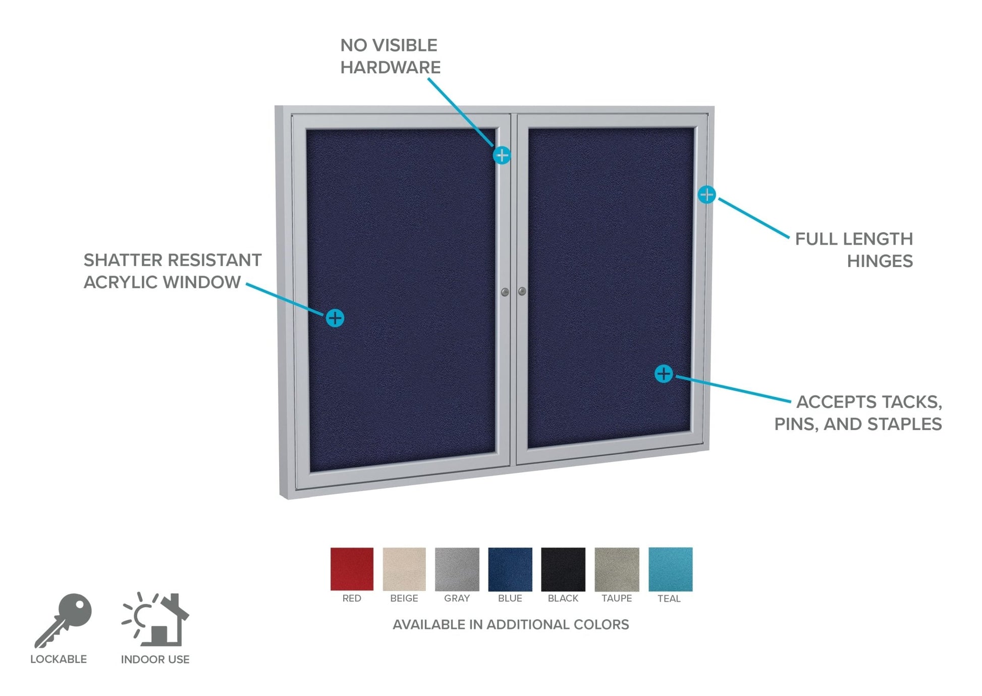 Ghent 2 Door Enclosed Fabric Bulletin Board, Satin Aluminum Frame, 3'H x 4'W (GHE - PA23648F - XX) - SchoolOutlet