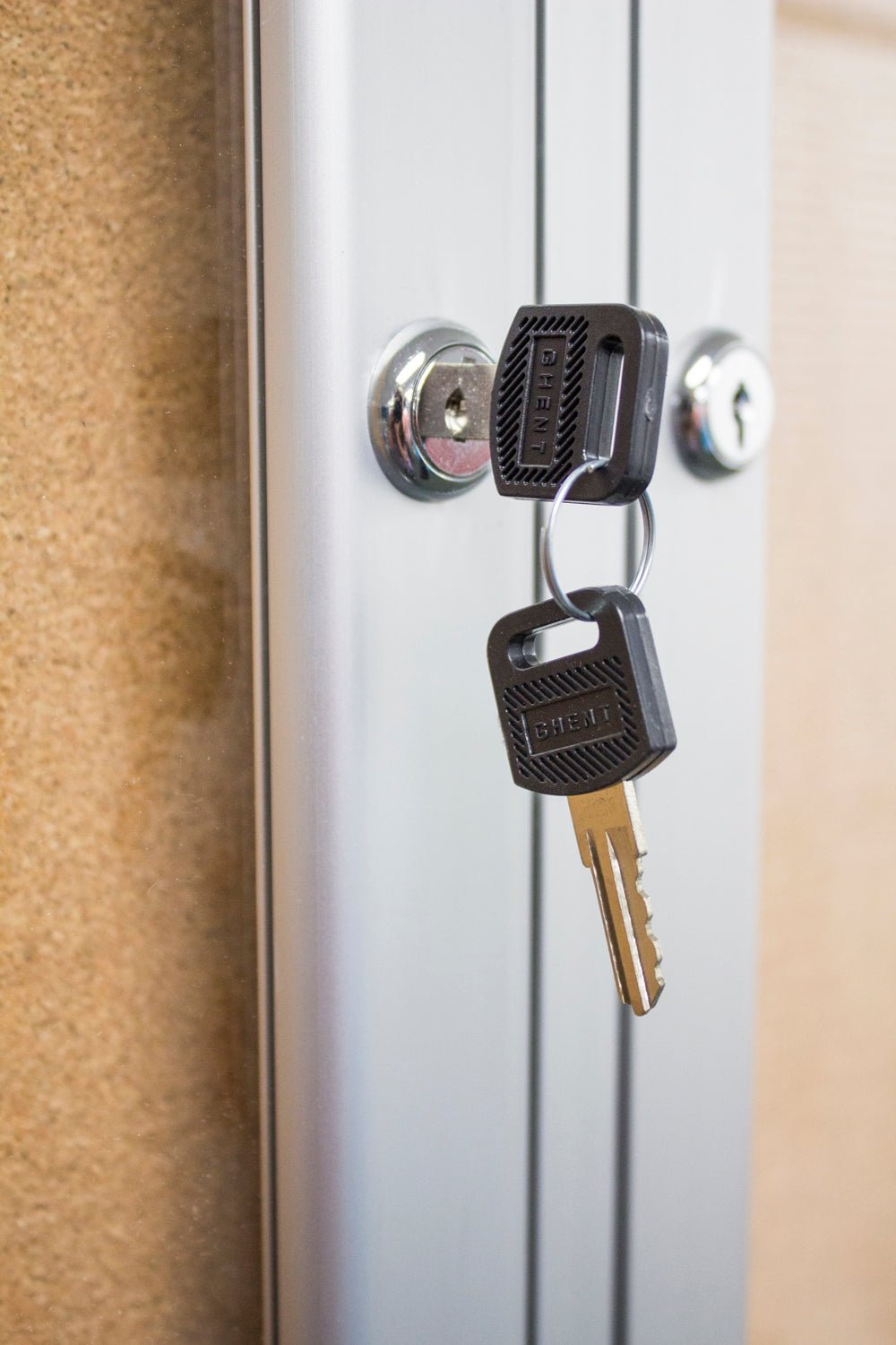 Ghent 2 Door Enclosed Natural Cork Bulletin Board, Satin Aluminum Frame, 3'H x 4'W (GHE - PA23648K) - SchoolOutlet