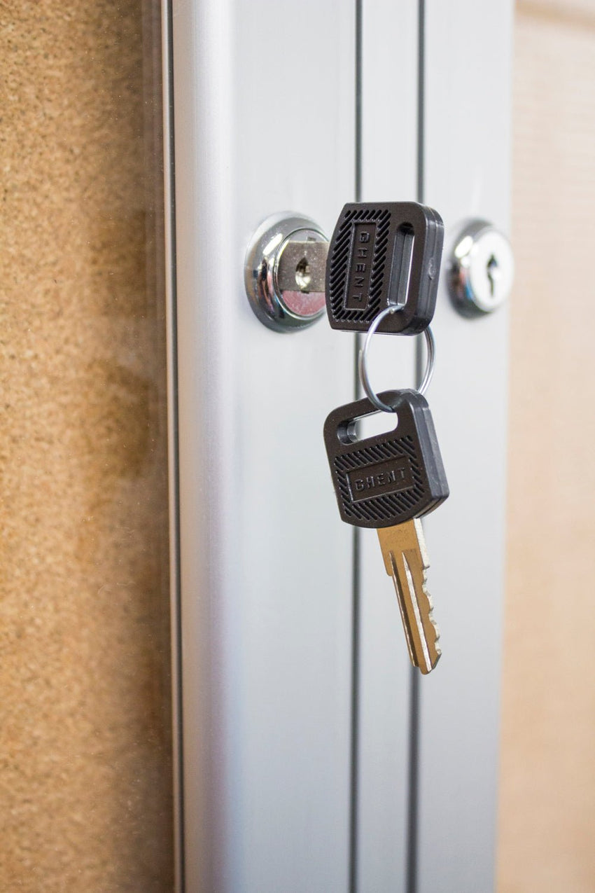 Ghent 2 Door Enclosed Natural Cork Bulletin Board, Satin Aluminum Frame, 3'H x 4'W (GHE - PA23648K) - SchoolOutlet