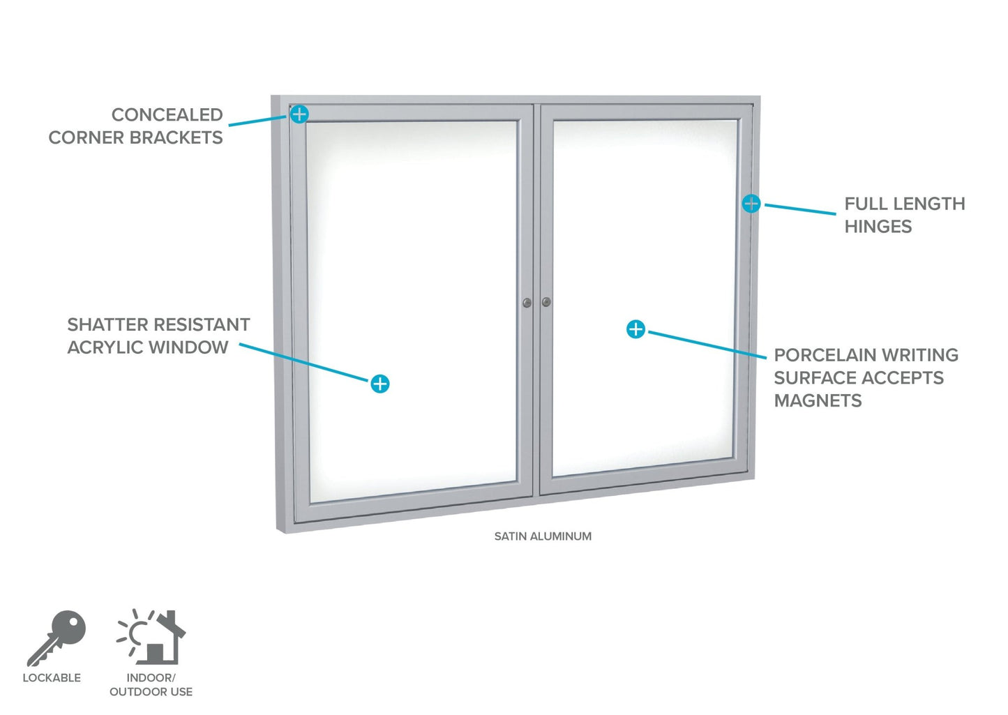 Ghent 2 Door Enclosed Porcelain Whiteboard, Magnetic, Satin Aluminum Frame, 3'H x 4'W (GHE - PA23648M - M1) - SchoolOutlet