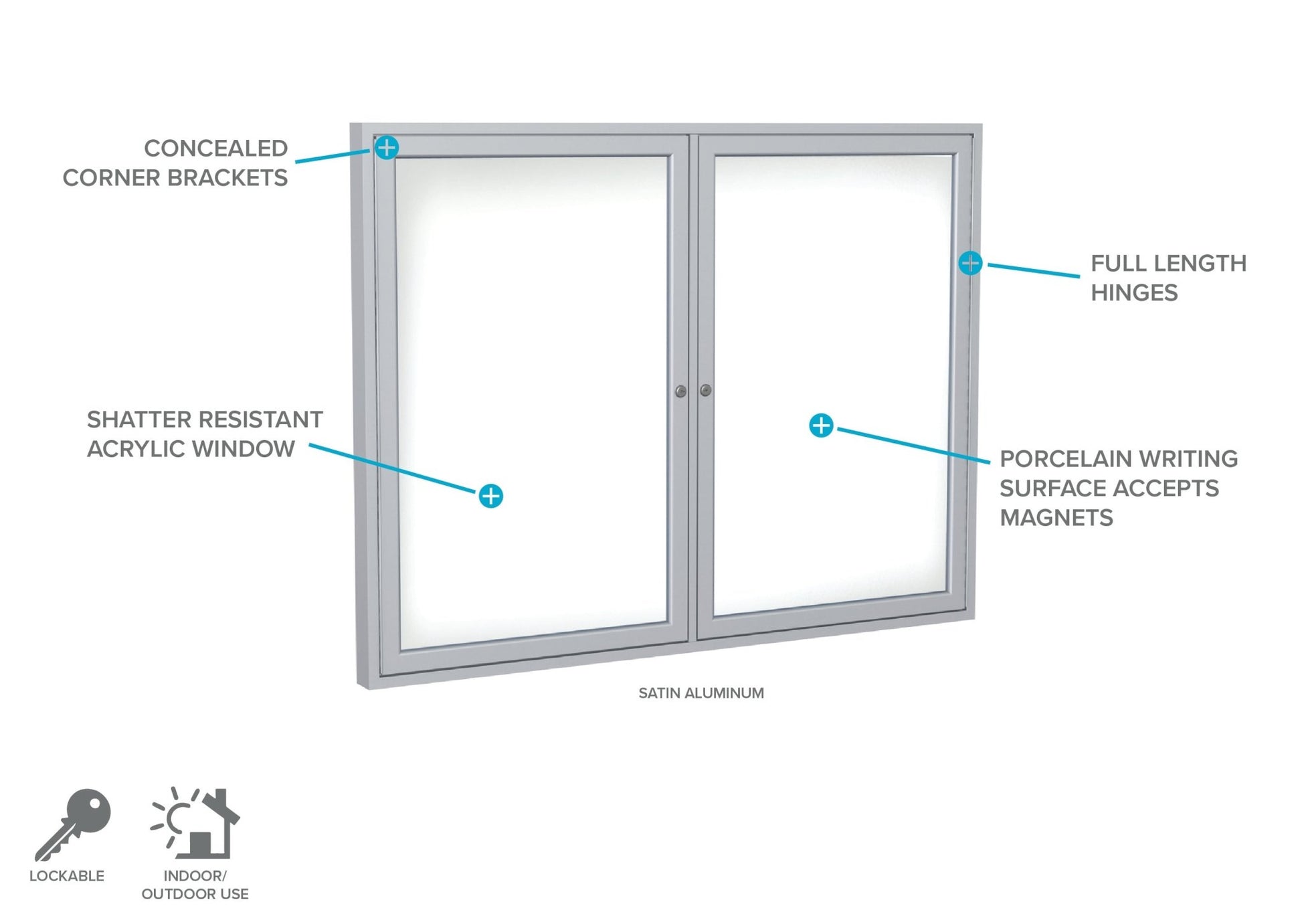 Ghent 2 Door Enclosed Porcelain Whiteboard, Magnetic, Satin Aluminum Frame, 3'H x 4'W (GHE - PA23648M - M1) - SchoolOutlet