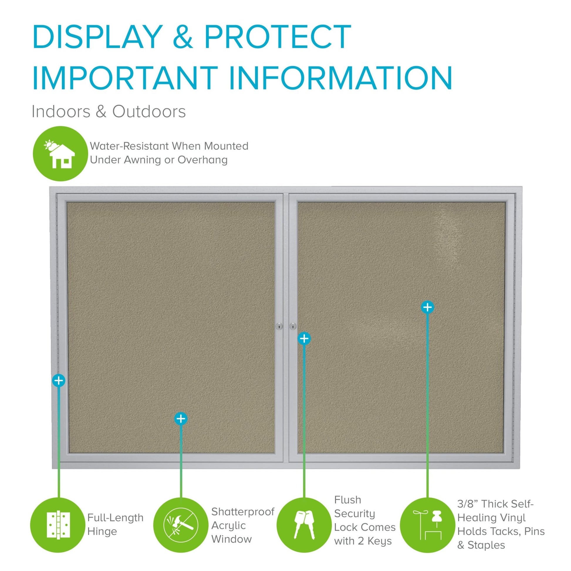 Ghent Indoor/Outdoor Enclosed Vinyl Bulletin Board, Satin Aluminum Frame, 3'H x 4'W, 2 Door (GHE - PA23648VX - XXX) - SchoolOutlet