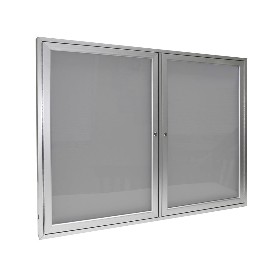 Ghent Indoor/Outdoor Enclosed Vinyl Bulletin Board, Satin Aluminum Frame, 3'H x 4'W, 2 Door (GHE - PA23648VX - XXX) - SchoolOutlet