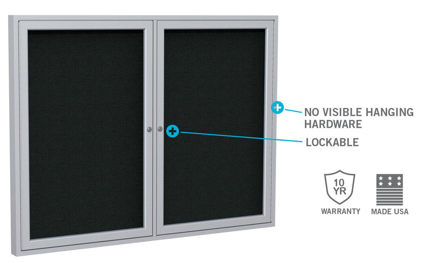 Ghent Indoor/Outdoor Enclosed Vinyl Letter Board, Satin Aluminum Frame, 3'H x 5'W, 2 Door, Black (GHE - PA23660BX - BK) - SchoolOutlet