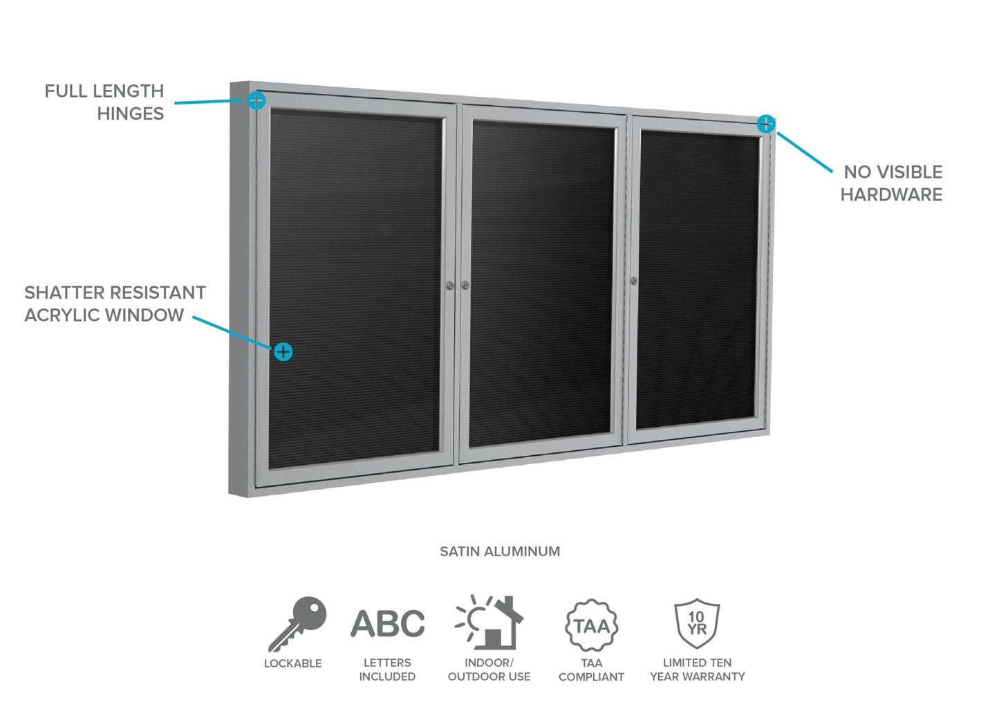 Ghent Indoor/Outdoor Enclosed Vinyl Letter Board, Satin Aluminum Frame, 3'H x 6'W, 3 Door, Black (GHE - PA33672BX - BK) - SchoolOutlet