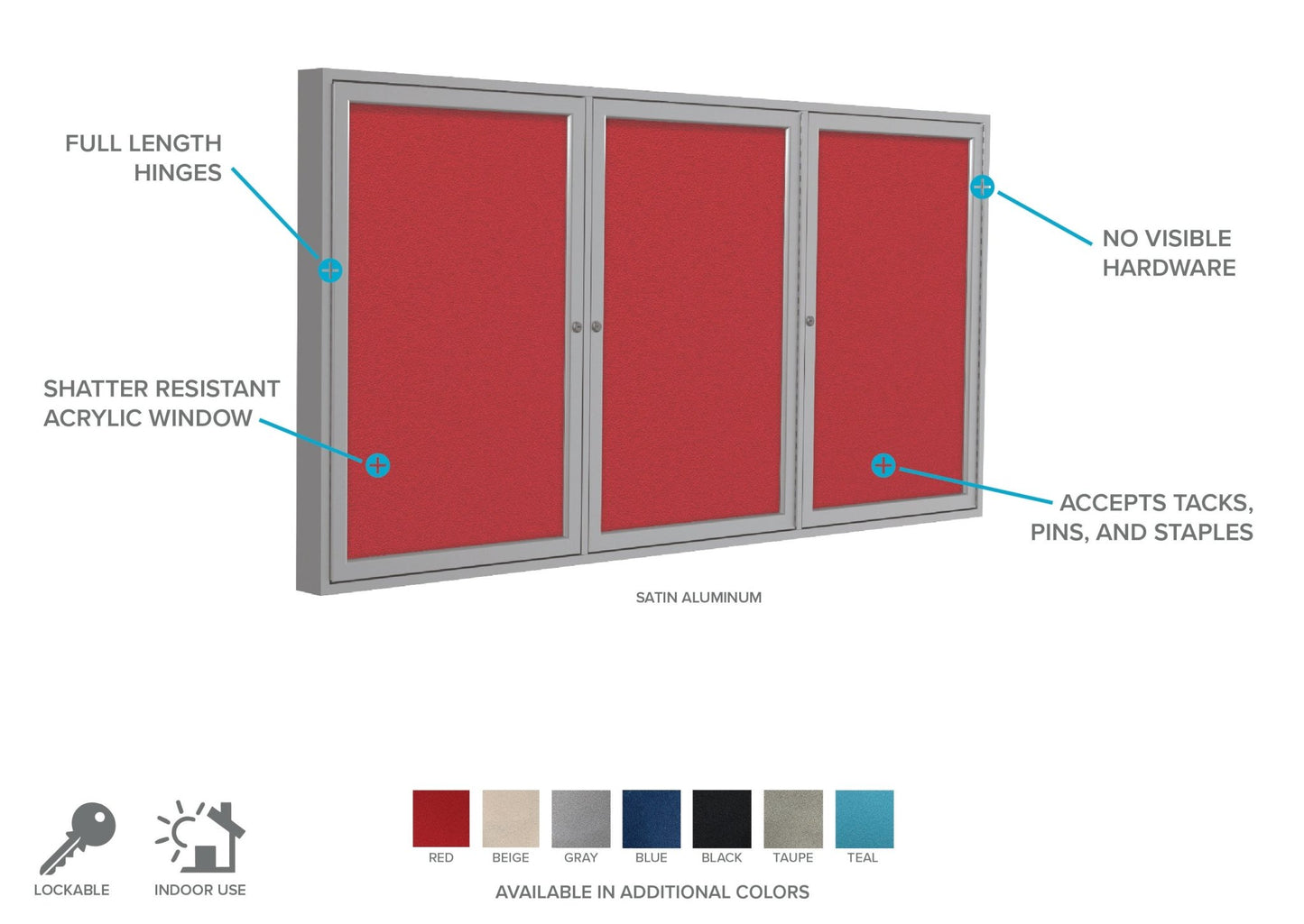 Ghent 3 Door Enclosed Fabric Bulletin Board, Satin Aluminum Frame, 3'H x 6'W (GHE - PA33672F - XX) - SchoolOutlet