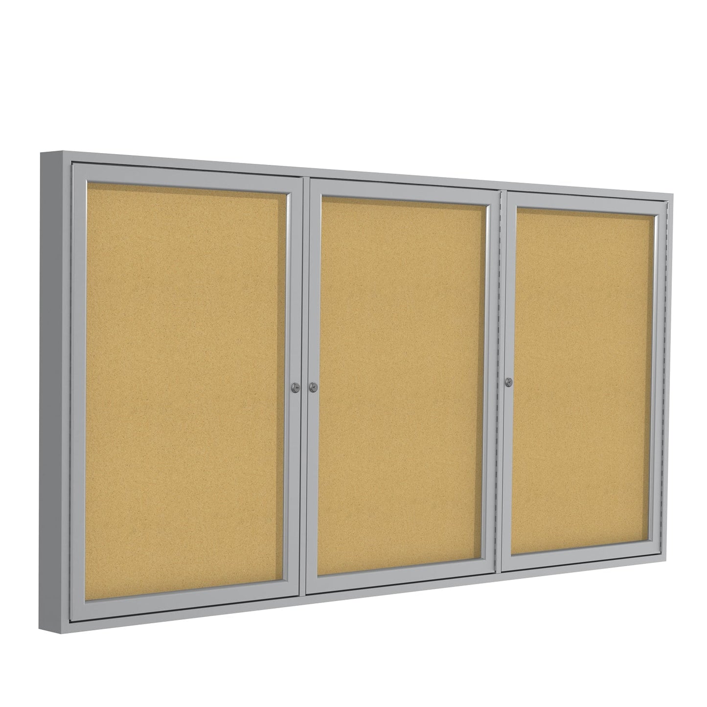 Ghent 3 Door Enclosed Natural Cork Bulletin Board, Satin Aluminum Frame, 3'H x 6'W (GHE - PA33672K) - SchoolOutlet