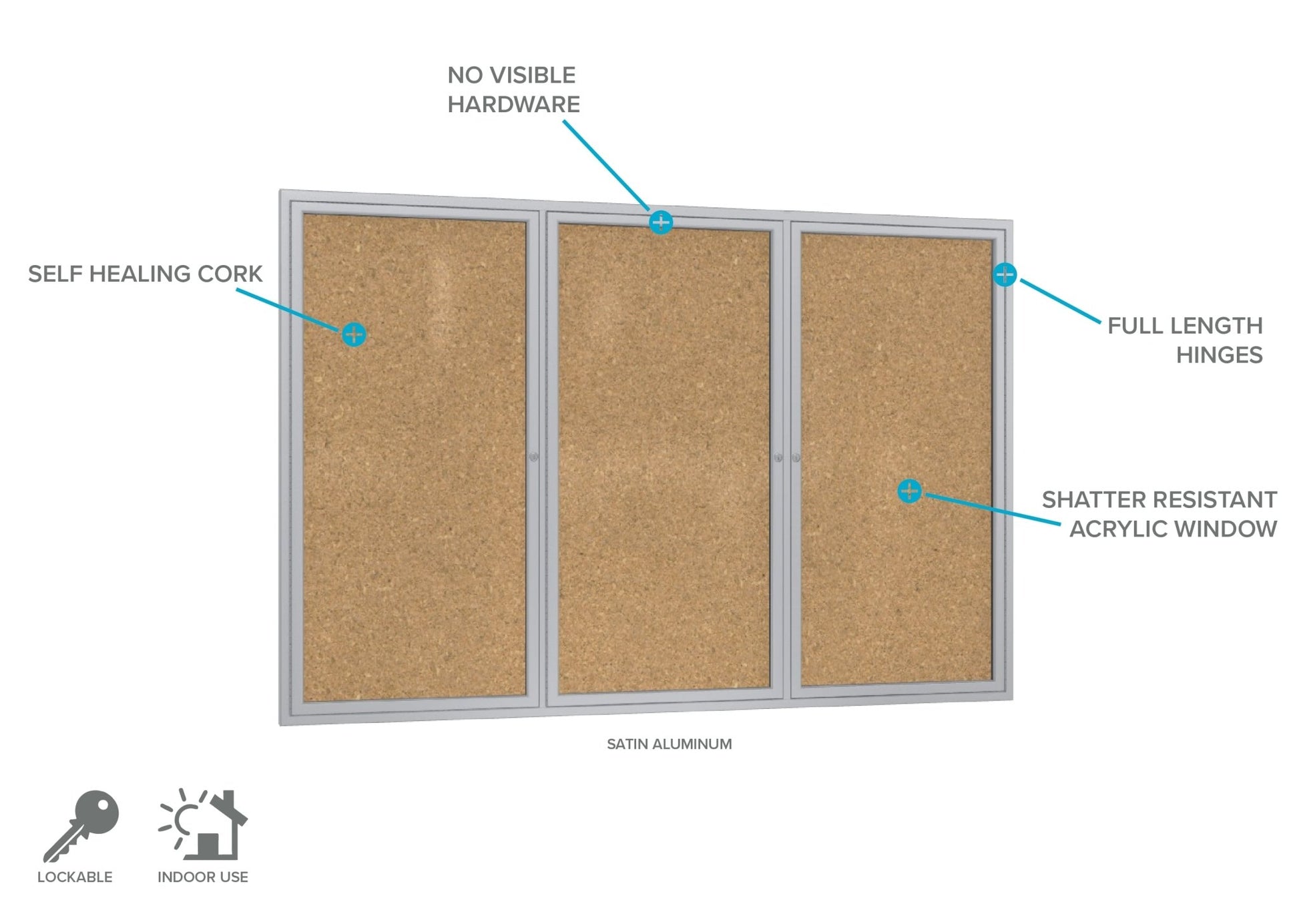 Ghent 3 Door Enclosed Natural Cork Bulletin Board, Satin Aluminum Frame, 3'H x 6'W (GHE - PA33672K) - SchoolOutlet
