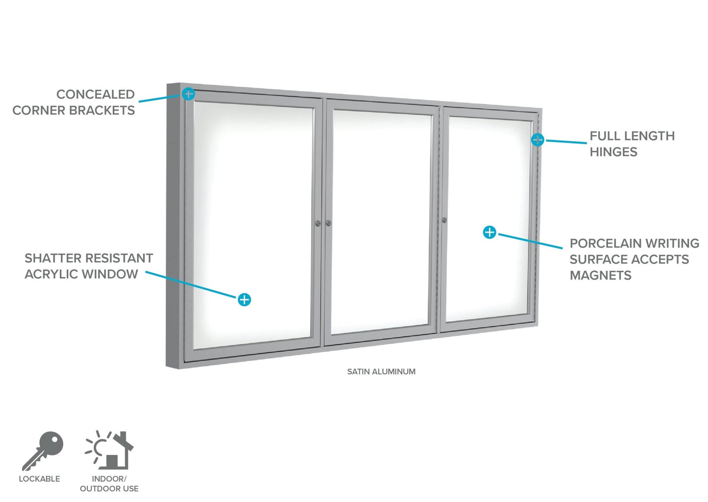 Ghent 3 Door Enclosed Porcelain Whiteboard, Magnetic, Satin Aluminum Frame, 3'H x 6'W (GHE - PA33672M - M1) - SchoolOutlet