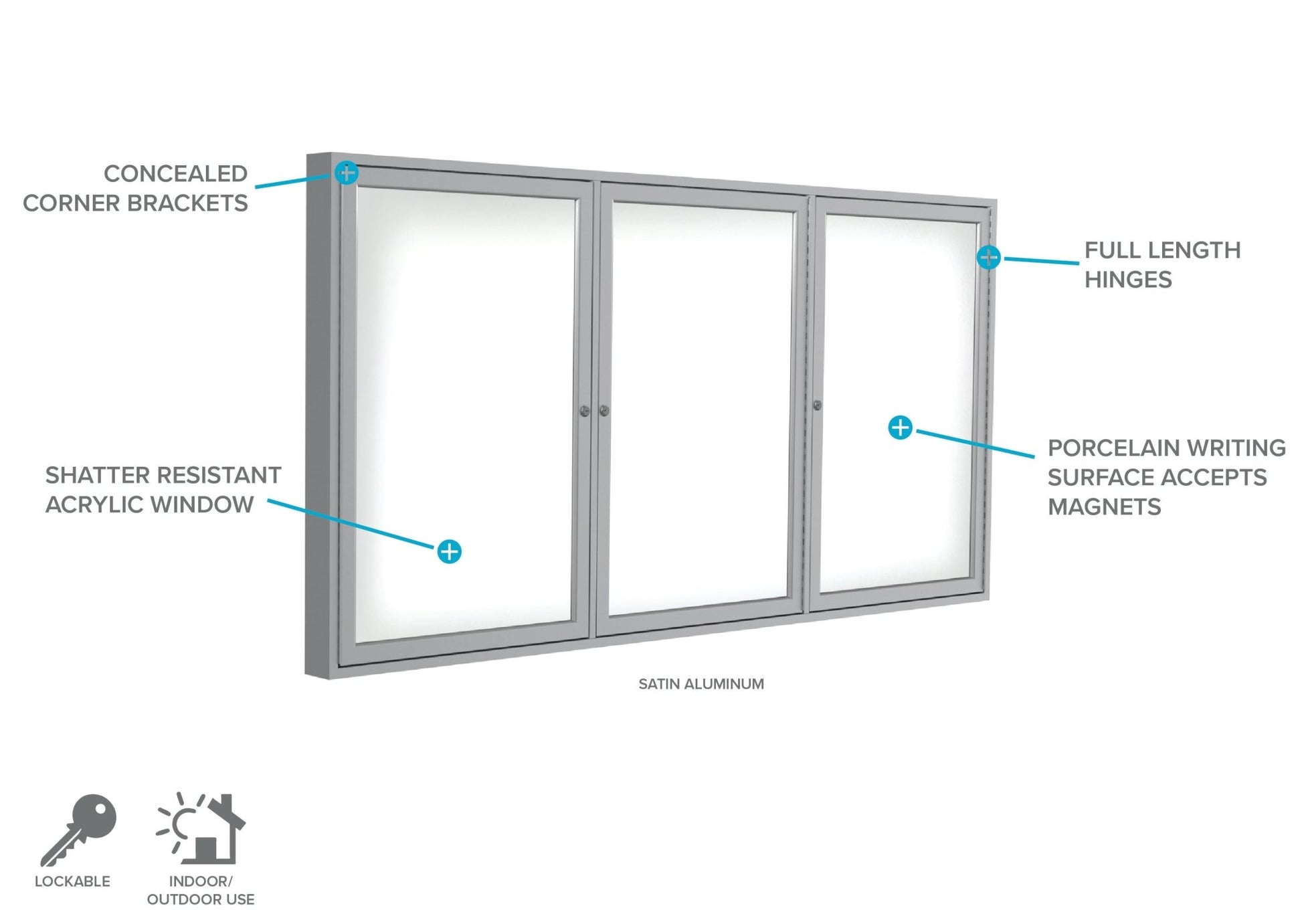 Ghent 3 Door Enclosed Porcelain Whiteboard, Magnetic, Satin Aluminum Frame, 3'H x 6'W (GHE - PA33672M - M1) - SchoolOutlet