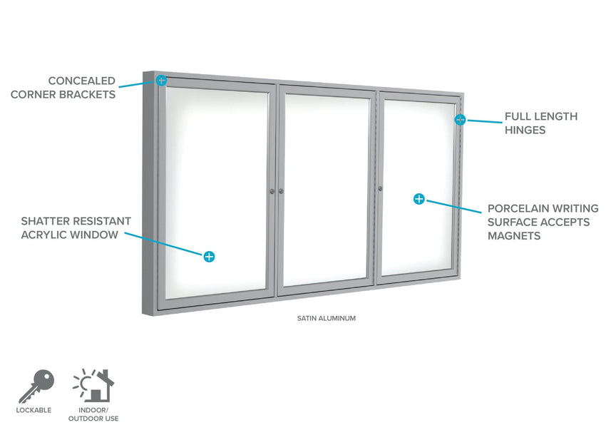 Ghent 3 Door Enclosed Porcelain Whiteboard, Magnetic, Satin Aluminum Frame, 3'H x 6'W (GHE - PA33672M - M1) - SchoolOutlet