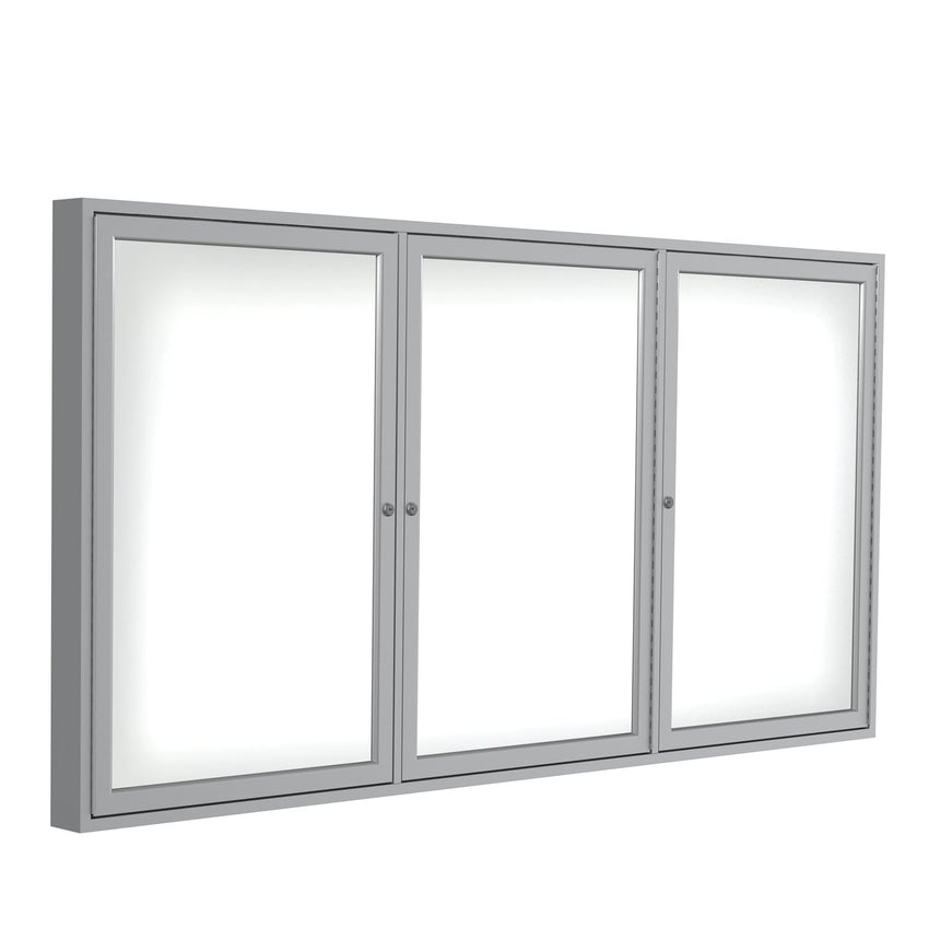 Ghent 3 Door Enclosed Porcelain Whiteboard, Magnetic, Satin Aluminum Frame, 3'H x 6'W (GHE - PA33672M - M1) - SchoolOutlet