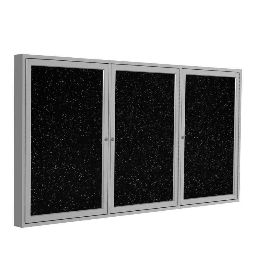 Ghent 3 Door Enclosed Recycled Rubber Bulletin Board, Satin Aluminum Frame, 3'H x 6'W (GHE - PA33672TR - XX) - SchoolOutlet