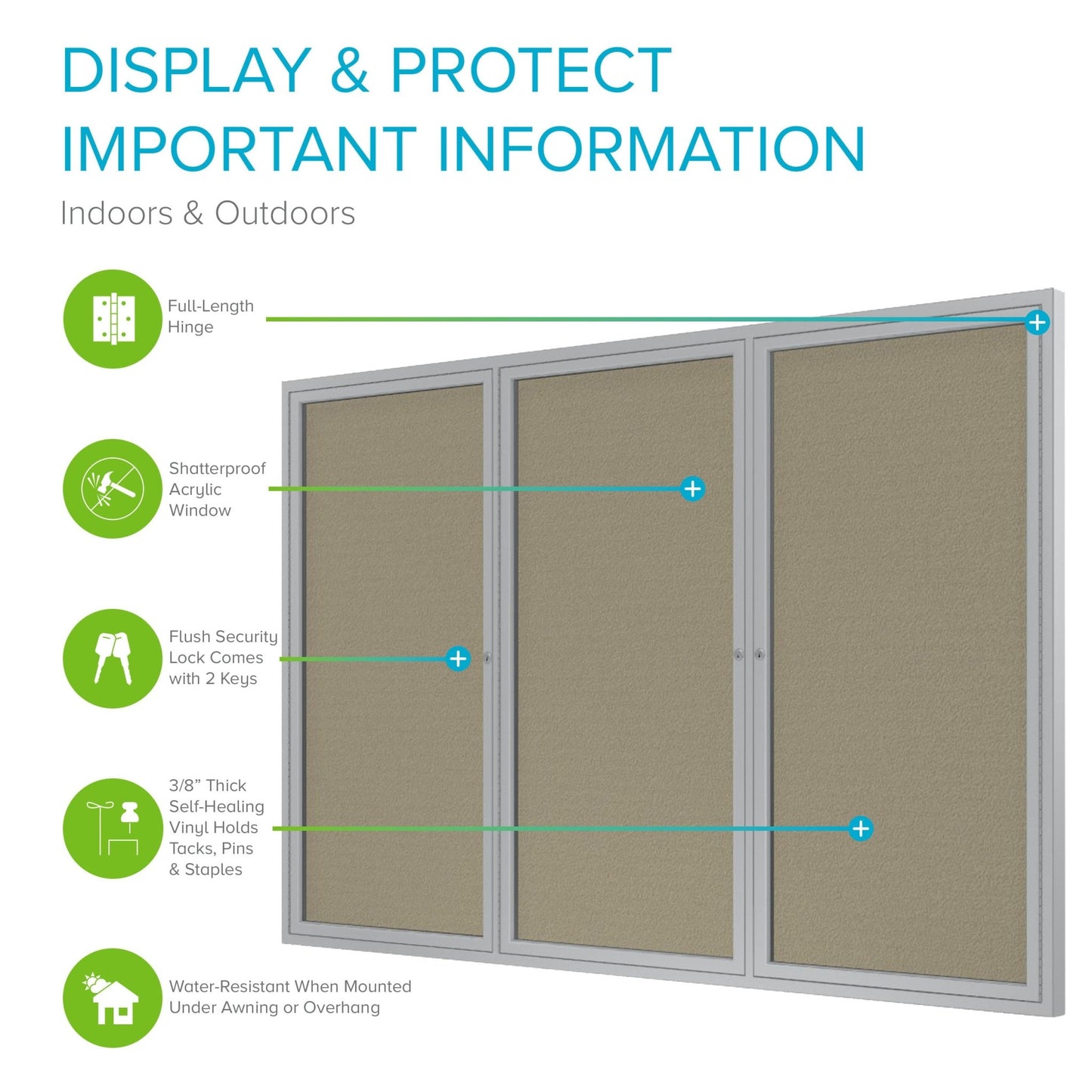 Ghent Indoor/Outdoor Enclosed Vinyl Bulletin Board, Satin Aluminum Frame, 3'H x 6'W, 3 Door (GHE - PA33672VX - XXX) - SchoolOutlet