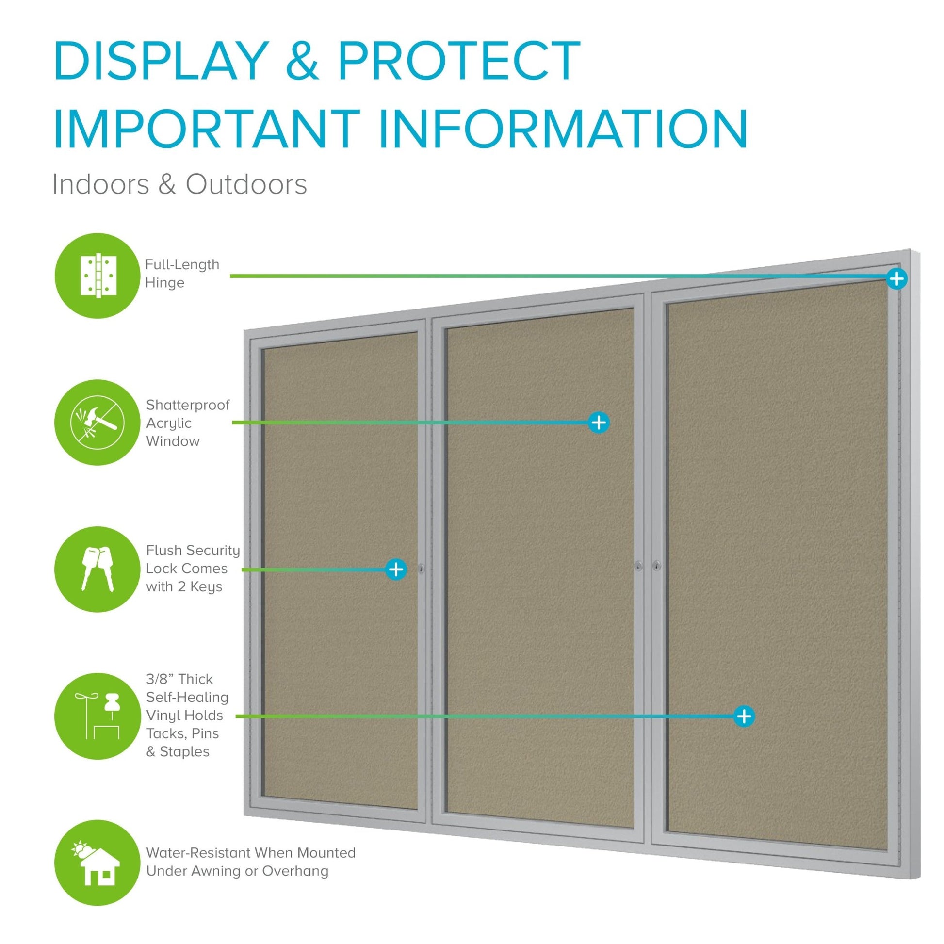 Ghent Indoor/Outdoor Enclosed Vinyl Bulletin Board, Satin Aluminum Frame, 3'H x 6'W, 3 Door (GHE - PA33672VX - XXX) - SchoolOutlet