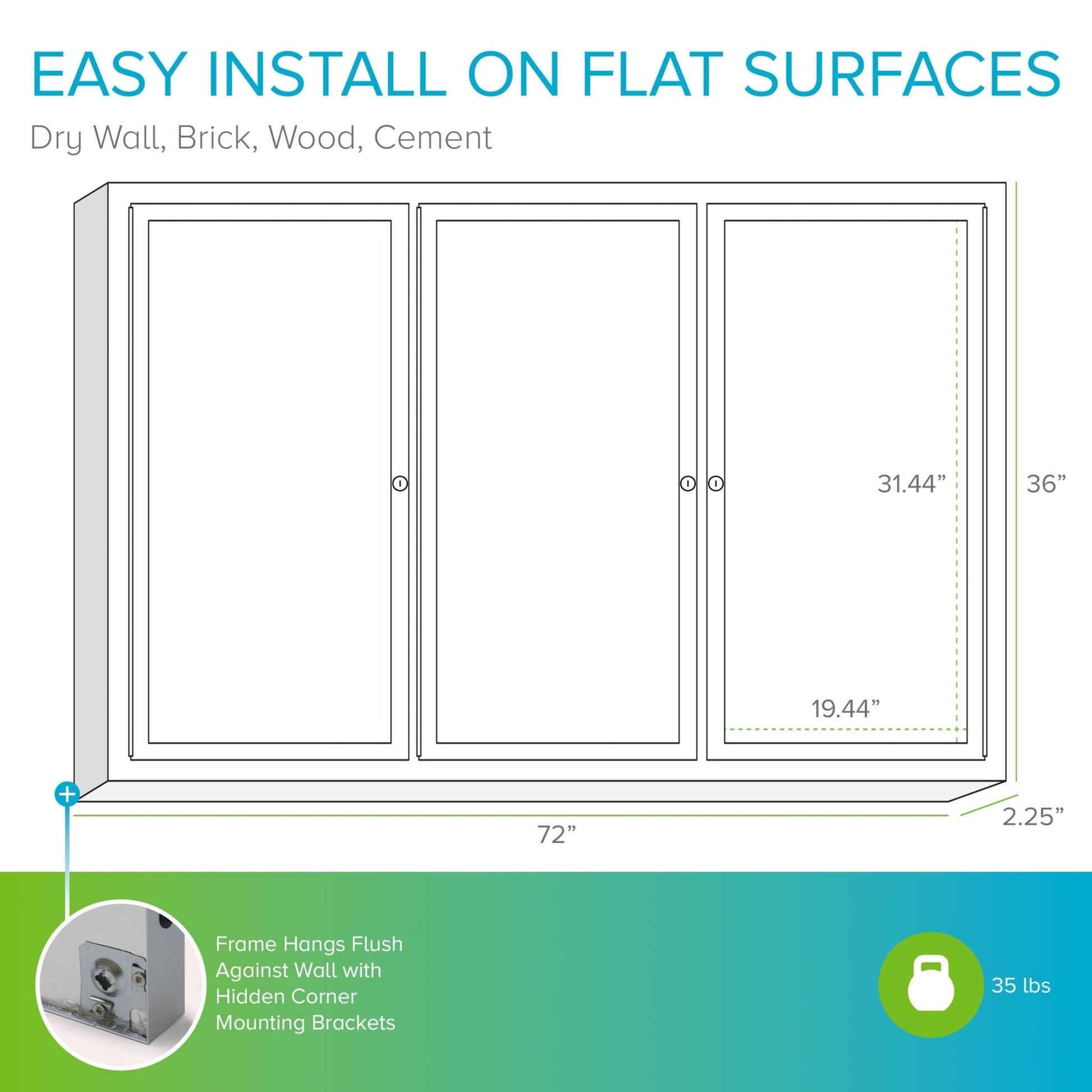 Ghent Indoor/Outdoor Enclosed Vinyl Bulletin Board, Satin Aluminum Frame, 3'H x 6'W, 3 Door (GHE - PA33672VX - XXX) - SchoolOutlet