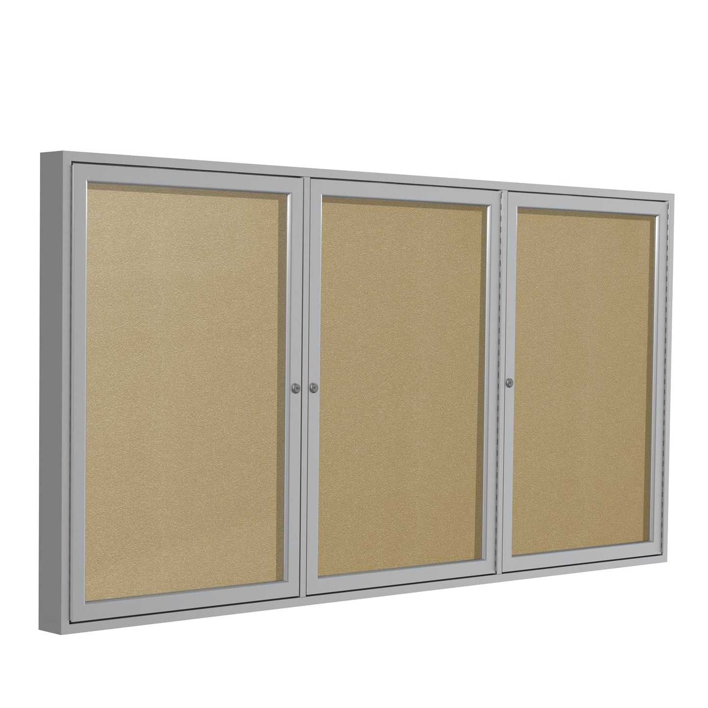 Ghent Indoor/Outdoor Enclosed Vinyl Bulletin Board, Satin Aluminum Frame, 3'H x 6'W, 3 Door (GHE - PA33672VX - XXX) - SchoolOutlet