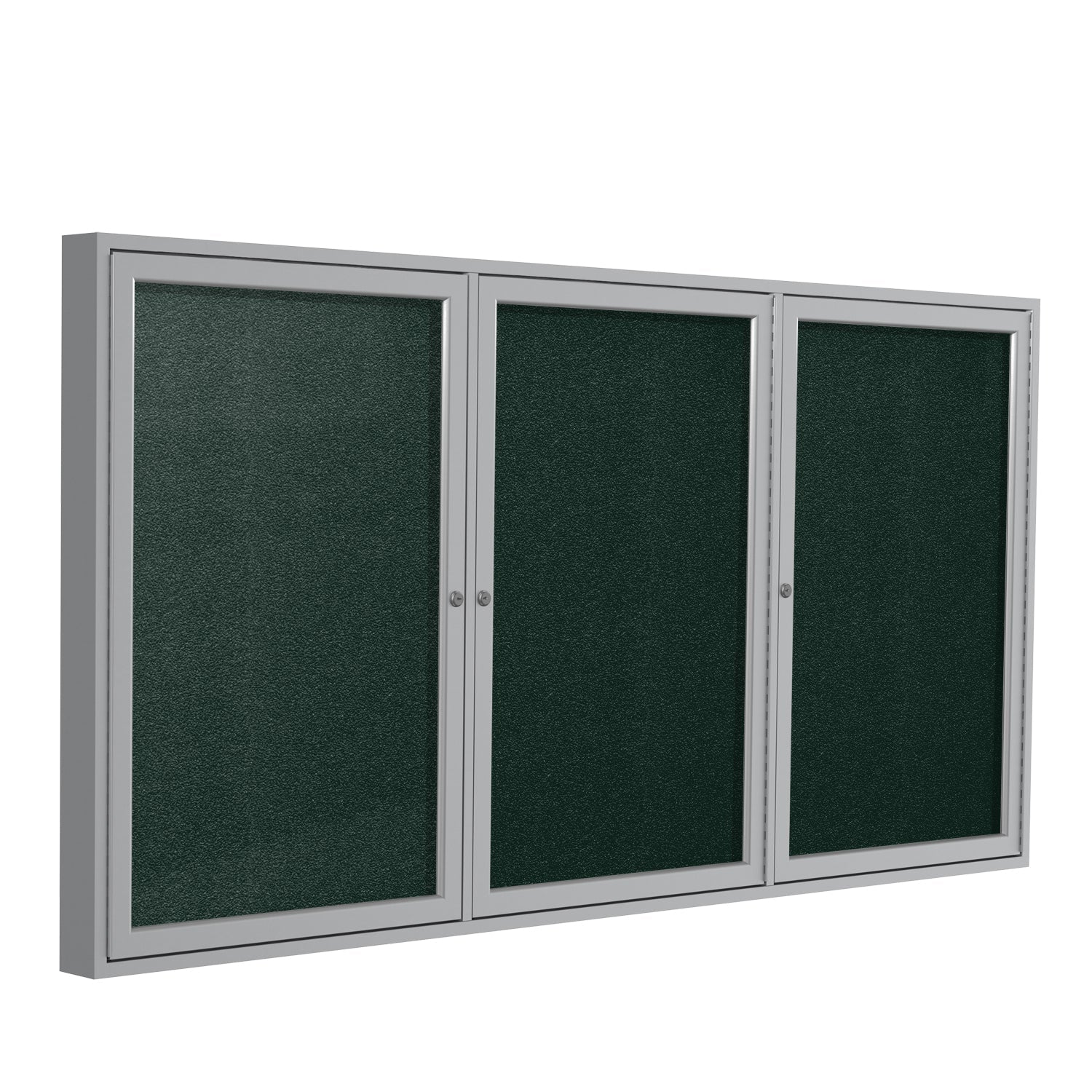 Ghent Indoor/Outdoor Enclosed Vinyl Bulletin Board, Satin Aluminum Frame, 3'H x 6'W, 3 Door (GHE - PA33672VX - XXX) - SchoolOutlet